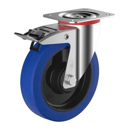 Roulette polyurethane BLEU D160mm Fonte ( forte charge pivot+frein)