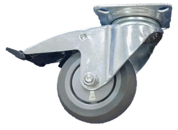 Roulette caoutchouc GRIS  D80mm (pivot+frein) (platine 60x60)